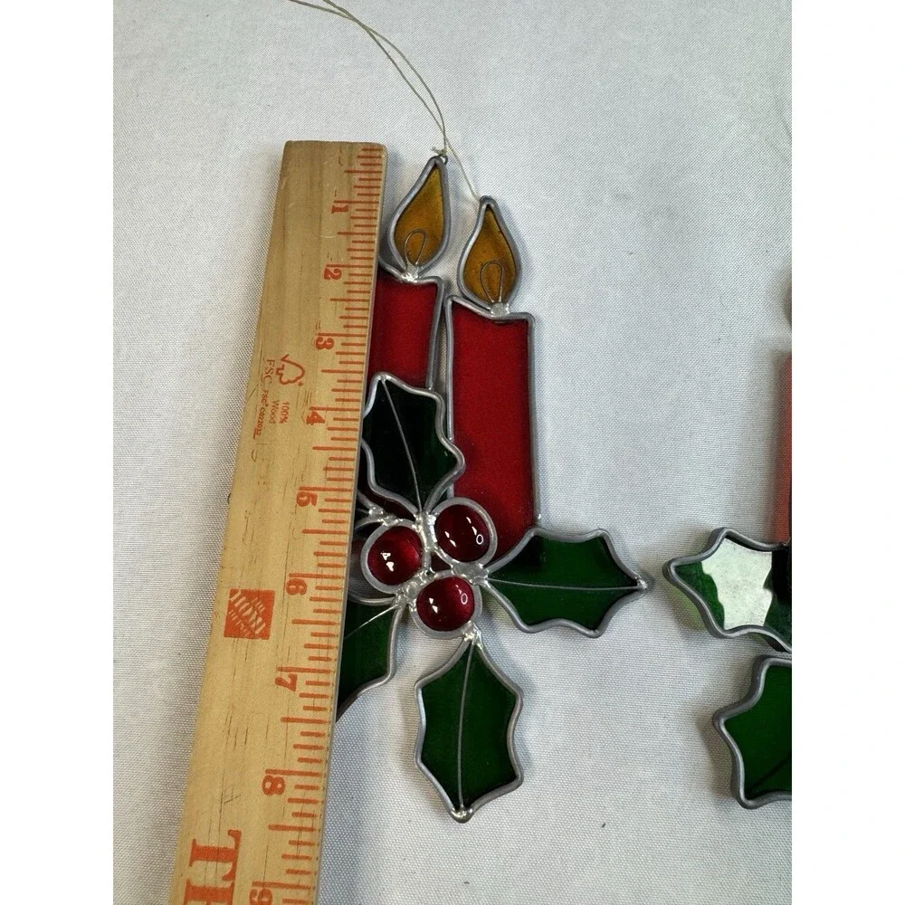 2 Stained Glass Holiday Candle Suncatchers Red Tapers Green Holly Berries Decor